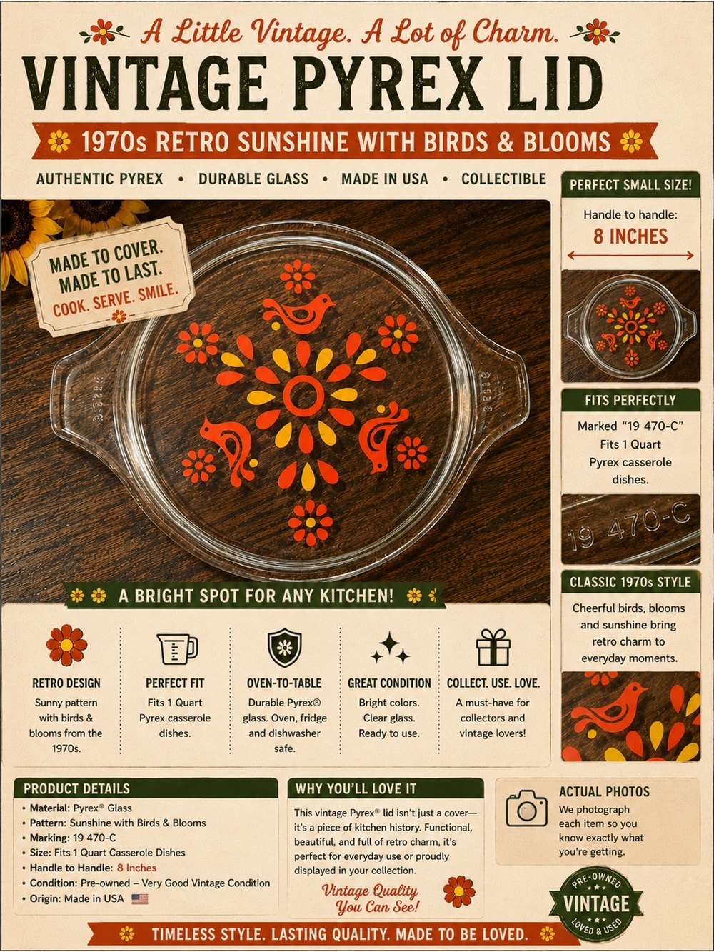 Pyrex Clear Lid with Orange and Yellow Retro Birds & Blooms